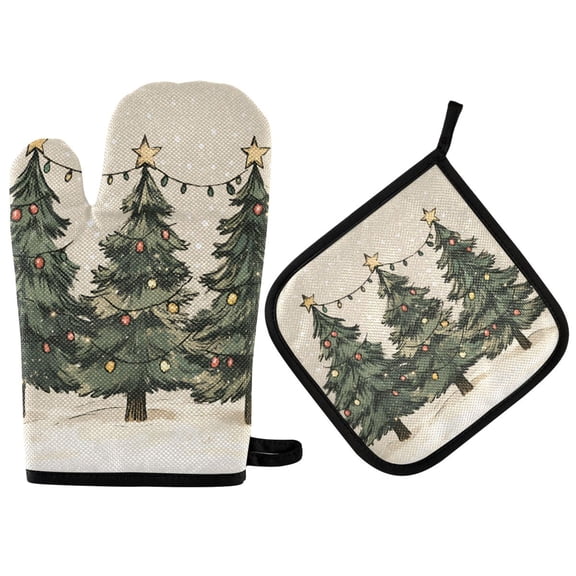 Yayeee Oven Mitts and Pot Holder Set of 2 Heat Resistant Kitchen Gloves Baking Hot Pad, Christmas Stars