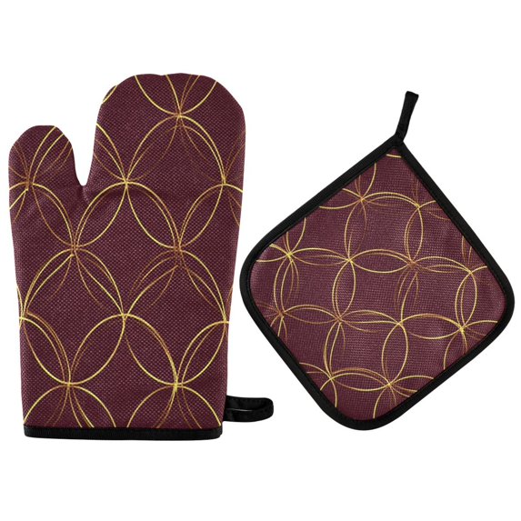 Yayeee Oven Mitts and Pot Holder Set of 2 Heat Resistant Kitchen Gloves Baking Hot Pad, Circular Gold Pattern