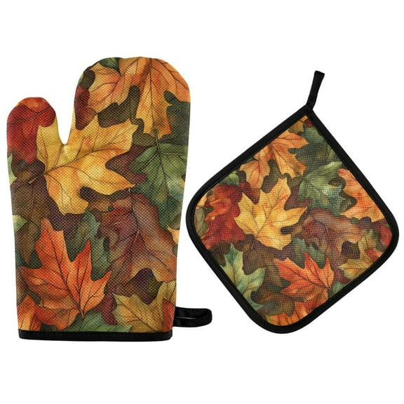 Yayeee Oven Mitts and Pot Holder Set of 2 Heat Resistant Kitchen Gloves Baking Hot Pad, Colorful Autumn Leaves