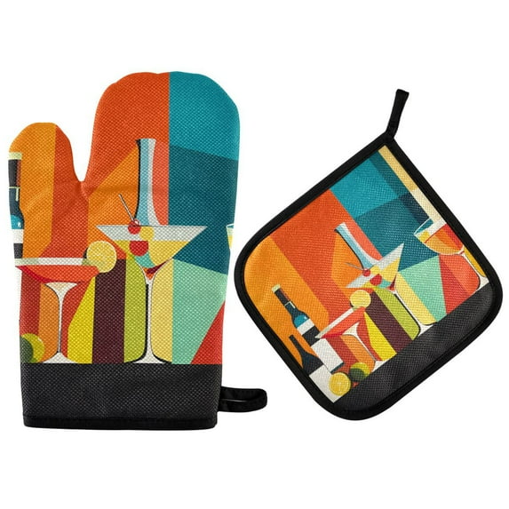Yayeee Oven Mitts and Pot Holder Set of 2 Heat Resistant Kitchen Gloves Baking Hot Pad, Colorful Cocktails