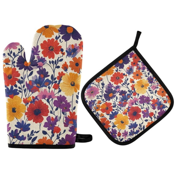 Yayeee Oven Mitts and Pot Holder Set of 2 Heat Resistant Kitchen Gloves Baking Hot Pad, Colorful Flowers Pattern