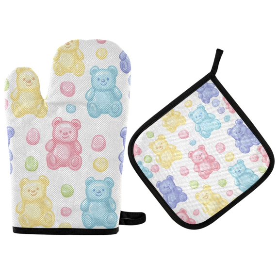 Yayeee Oven Mitts and Pot Holder Set of 2 Heat Resistant Kitchen Gloves Baking Hot Pad, Colorful Gummy Bears Pattern