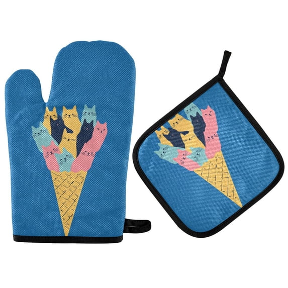 Yayeee Oven Mitts and Pot Holder Set of 2 Heat Resistant Kitchen Gloves Baking Hot Pad, Colorful Ice Cream Cat