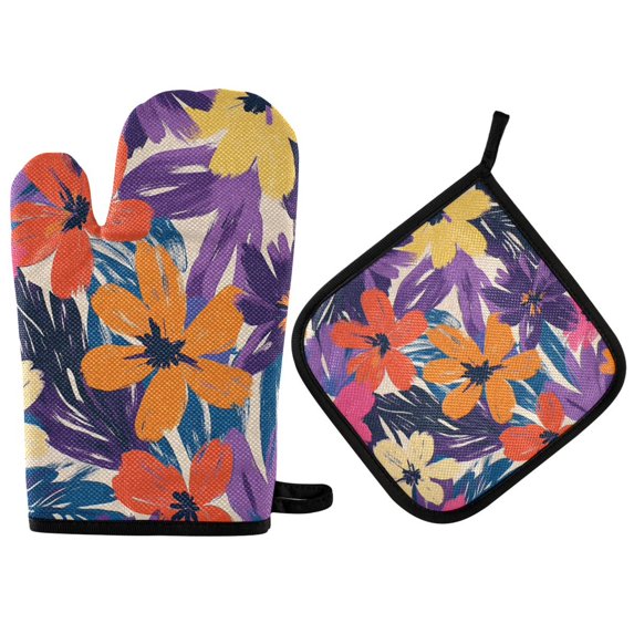Yayeee Oven Mitts and Pot Holder Set of 2 Heat Resistant Kitchen Gloves Baking Hot Pad, Colorful Painted Flowers Pattern