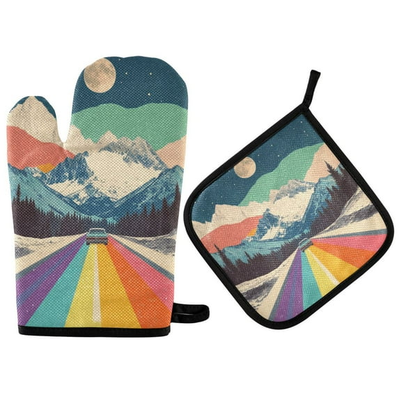 Yayeee Oven Mitts and Pot Holder Set of 2 Heat Resistant Kitchen Gloves Baking Hot Pad, Colorful Road at Night