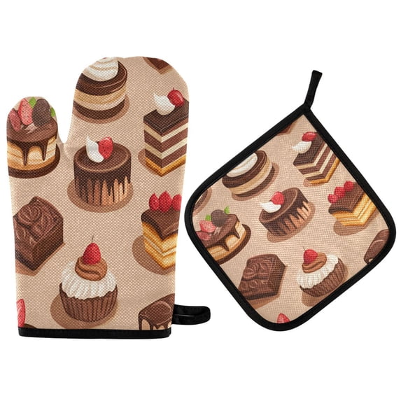 Yayeee Oven Mitts and Pot Holder Set of 2 Heat Resistant Kitchen Gloves Baking Hot Pad, Creamy Cake