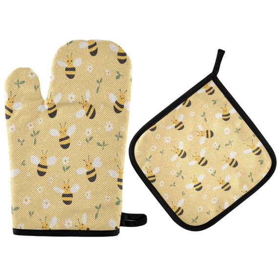 Yayeee Oven Mitts and Pot Holder Set of 2 Heat Resistant Kitchen Gloves Baking Hot Pad, Cute Bee Pattern