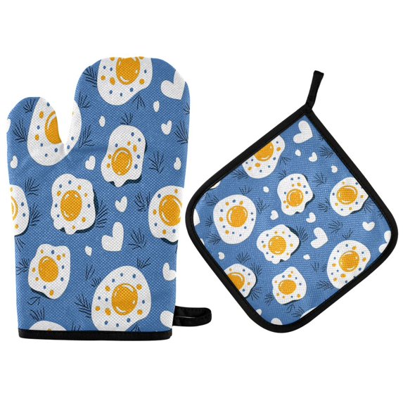 Yayeee Oven Mitts and Pot Holder Set of 2 Heat Resistant Kitchen Gloves Baking Hot Pad, Cute Fried Eggs