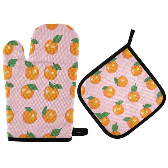 Yayeee Oven Mitts and Pot Holder Set of 2 Heat Resistant Kitchen Gloves Baking Hot Pad, Cute Oranges