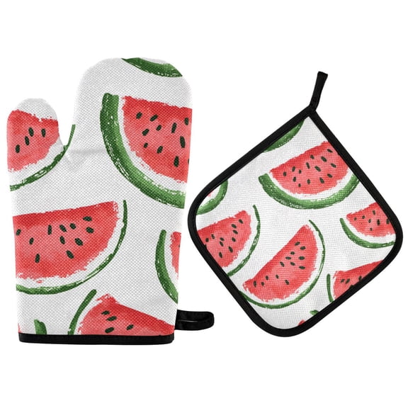 Yayeee Oven Mitts and Pot Holder Set of 2 Heat Resistant Kitchen Gloves Baking Hot Pad, Cute Watermelon