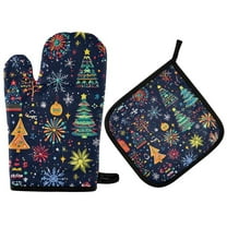 Yayeee Oven Mitts and Pot Holder Set of 2 Heat Resistant Kitchen Gloves Baking Hot Pad, Dark Blue Christmas