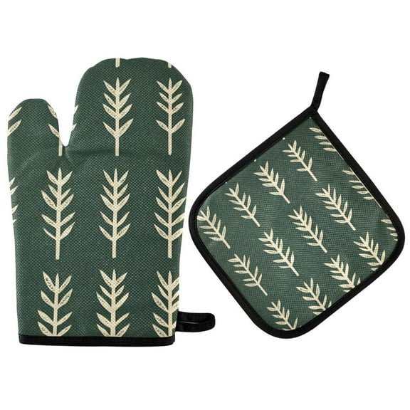 Yayeee Oven Mitts and Pot Holder Set of 2 Heat Resistant Kitchen Gloves Baking Hot Pad, Dark Green Leaves