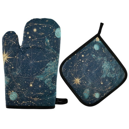 Yayeee Oven Mitts and Pot Holder Set of 2 Heat Resistant Kitchen Gloves Baking Hot Pad, Dark Star Map