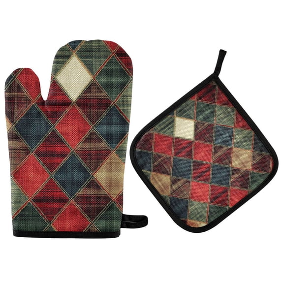 Yayeee Oven Mitts and Pot Holder Set of 2 Heat Resistant Kitchen Gloves Baking Hot Pad, Dark Tartan Pattern