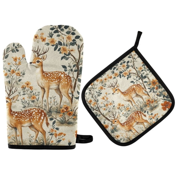 Yayeee Oven Mitts and Pot Holder Set of 2 Heat Resistant Kitchen Gloves Baking Hot Pad, Deer Pattern