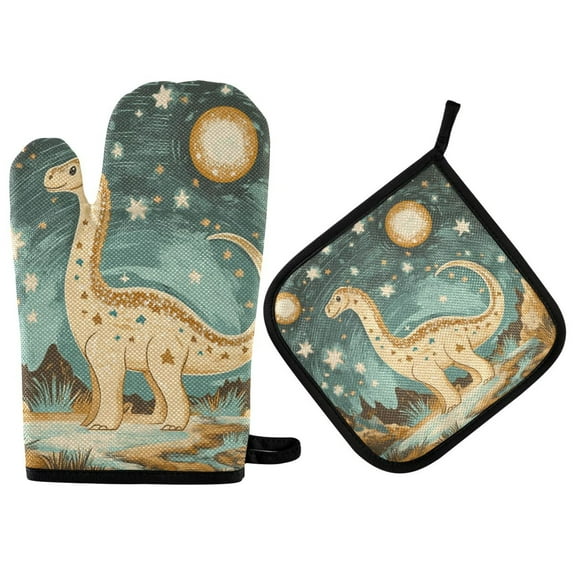 Yayeee Oven Mitts and Pot Holder Set of 2 Heat Resistant Kitchen Gloves Baking Hot Pad, Dinosaur with Stars