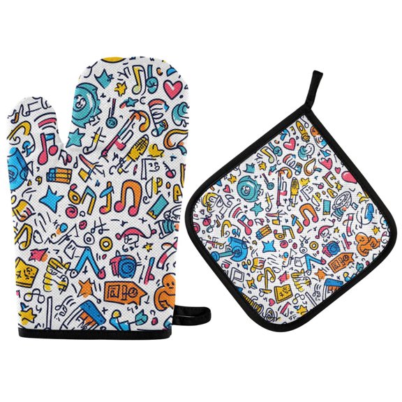 Yayeee Oven Mitts and Pot Holder Set of 2 Heat Resistant Kitchen Gloves Baking Hot Pad, Doodle Pattern