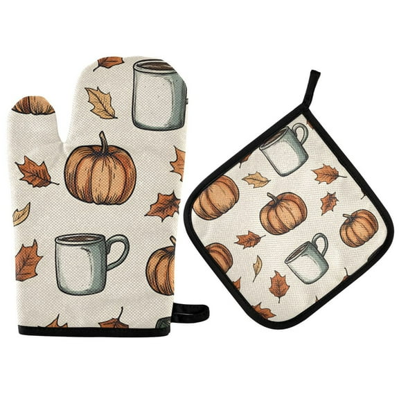 Yayeee Oven Mitts and Pot Holder Set of 2 Heat Resistant Kitchen Gloves Baking Hot Pad, Fall Leaves