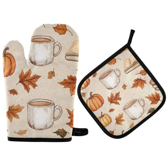 Yayeee Oven Mitts and Pot Holder Set of 2 Heat Resistant Kitchen Gloves Baking Hot Pad, Fall Mug Pattern