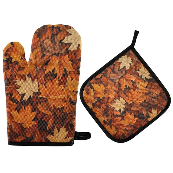 Yayeee Oven Mitts and Pot Holder Set of 2 Heat Resistant Kitchen Gloves Baking Hot Pad, Fall Pattern