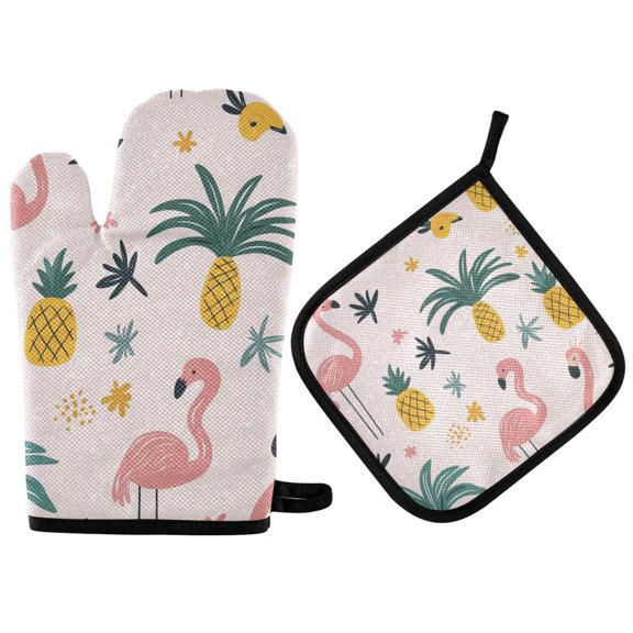 Yayeee Oven Mitts and Pot Holder Set of 2 Heat Resistant Kitchen Gloves Baking Hot Pad, Flamingo Pattern