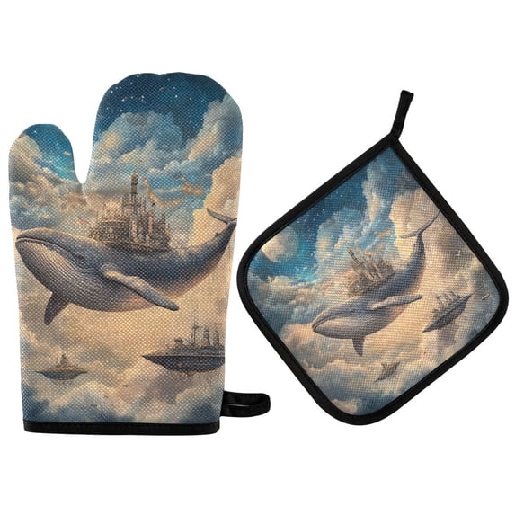 Yayeee Oven Mitts and Pot Holder Set of 2 Heat Resistant Kitchen Gloves Baking Hot Pad, Floating Whale