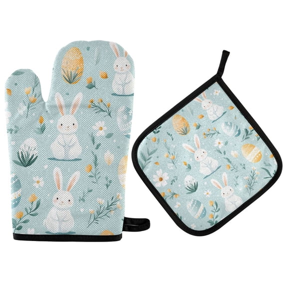 Yayeee Oven Mitts and Pot Holder Set of 2 Heat Resistant Kitchen Gloves Baking Hot Pad, Floral Easter