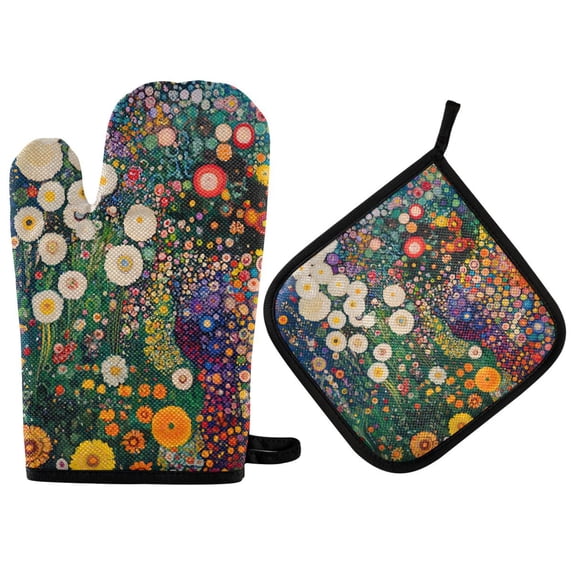 Yayeee Oven Mitts and Pot Holder Set of 2 Heat Resistant Kitchen Gloves Baking Hot Pad, White Floral Garden