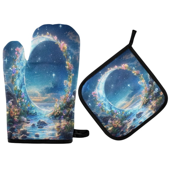Yayeee Oven Mitts and Pot Holder Set of 2 Heat Resistant Kitchen Gloves Baking Hot Pad, Floral Moon