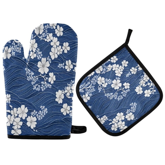 Yayeee Oven Mitts and Pot Holder Set of 2 Heat Resistant Kitchen Gloves Baking Hot Pad, Floral Ocean Waves