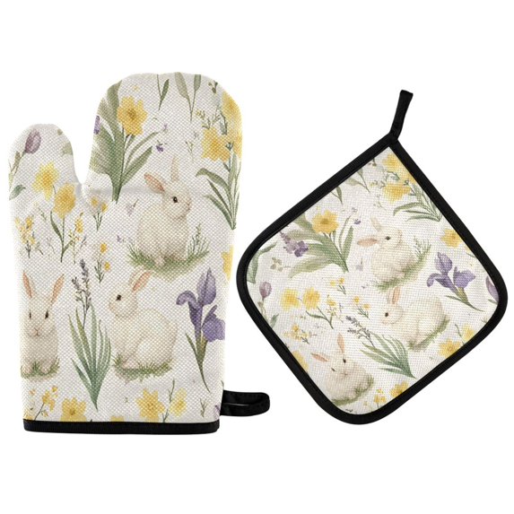 Yayeee Oven Mitts and Pot Holder Set of 2 Heat Resistant Kitchen Gloves Baking Hot Pad, Floral Rabbit