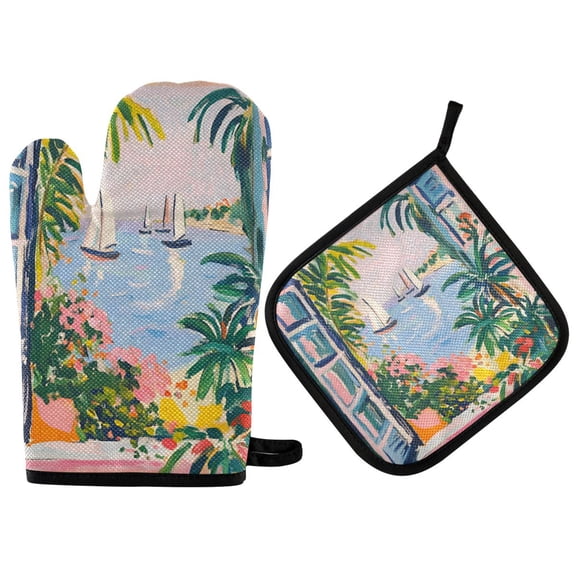Yayeee Oven Mitts and Pot Holder Set of 2 Heat Resistant Kitchen Gloves Baking Hot Pad, Floral Seaside