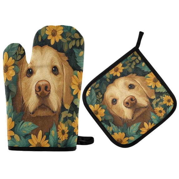 Yayeee Oven Mitts and Pot Holder Set of 2 Heat Resistant Kitchen Gloves Baking Hot Pad, Flowers and Dog