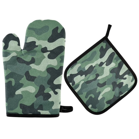 Yayeee Oven Mitts and Pot Holder Set of 2 Heat Resistant Kitchen Gloves Baking Hot Pad, Forest Camouflage Pattern