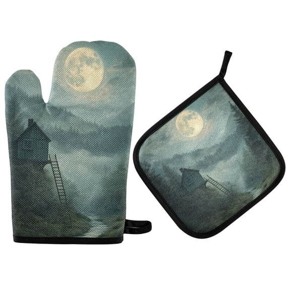 Yayeee Oven Mitts and Pot Holder Set of 2 Heat Resistant Kitchen Gloves Baking Hot Pad, Forest House
