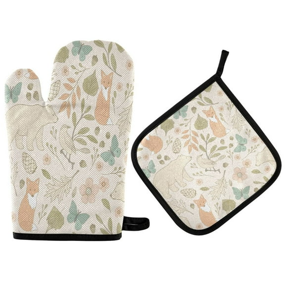 Yayeee Oven Mitts and Pot Holder Set of 2 Heat Resistant Kitchen Gloves Baking Hot Pad, Forest Pastel