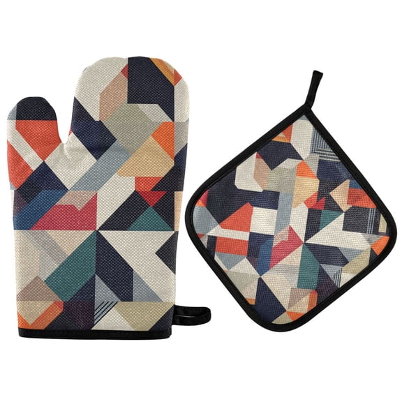 Yayeee Oven Mitts and Pot Holder Set of 2 Heat Resistant Kitchen Gloves Baking Hot Pad, Geometric Pattern