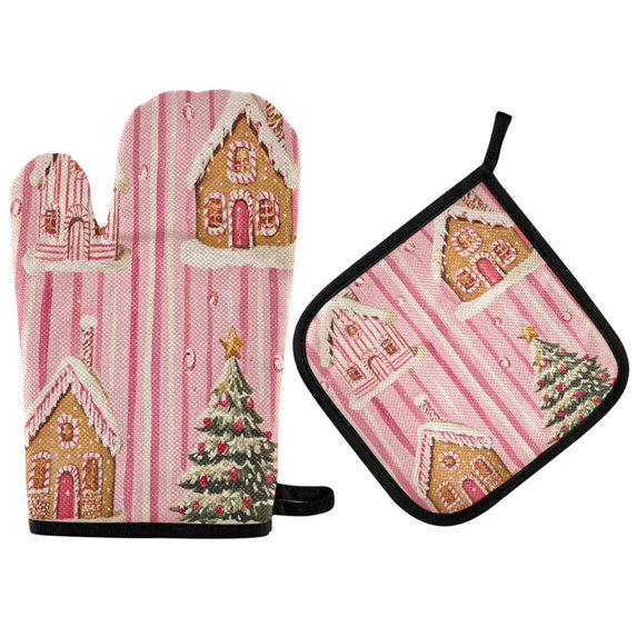 Yayeee Oven Mitts and Pot Holder Set of 2 Heat Resistant Kitchen Gloves Baking Hot Pad, Gingerbread Houses