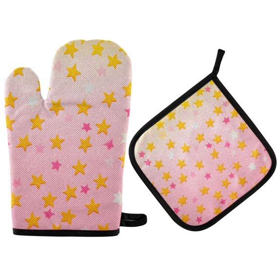 Yayeee Oven Mitts and Pot Holder Set of 2 Heat Resistant Kitchen Gloves Baking Hot Pad, Gradient Pink Stars