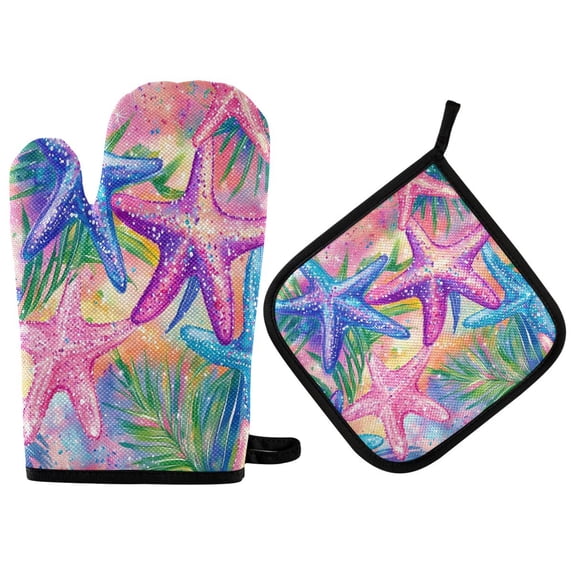 Yayeee Oven Mitts and Pot Holder Set of 2 Heat Resistant Kitchen Gloves Baking Hot Pad, Gradient Starfish Pattern