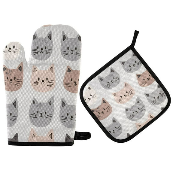 Yayeee Oven Mitts and Pot Holder Set of 2 Heat Resistant Kitchen Gloves Baking Hot Pad, Gray Cat Pattern
