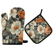 Yayeee Oven Mitts and Pot Holder Set of 2 Heat Resistant Kitchen Gloves Baking Hot Pad, Gray Floral Pattern