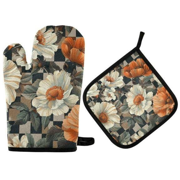 Yayeee Oven Mitts and Pot Holder Set of 2 Heat Resistant Kitchen Gloves Baking Hot Pad, Gray Floral Pattern