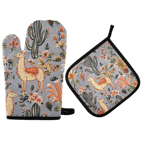Yayeee Oven Mitts and Pot Holder Set of 2 Heat Resistant Kitchen Gloves Baking Hot Pad, Gray Llama Pattern
