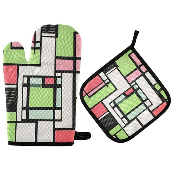 Yayeee Oven Mitts and Pot Holder Set of 2 Heat Resistant Kitchen Gloves Baking Hot Pad, Green Abstract Geometric