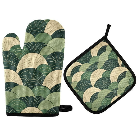 Yayeee Oven Mitts and Pot Holder Set of 2 Heat Resistant Kitchen Gloves Baking Hot Pad, Green Abstract Shapes