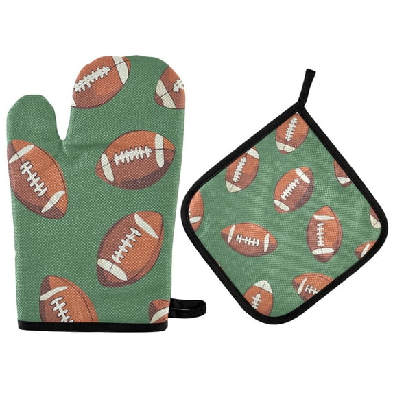 Yayeee Oven Mitts and Pot Holder Set of 2 Heat Resistant Kitchen Gloves Baking Hot Pad, Green American Footballs