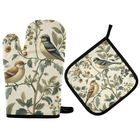 Yayeee Oven Mitts and Pot Holder Set of 2 Heat Resistant Kitchen Gloves Baking Hot Pad, Green Birds