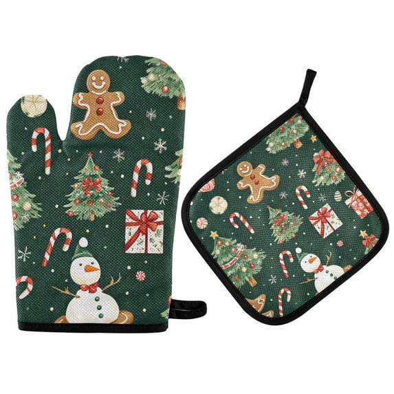 Yayeee Oven Mitts and Pot Holder Set of 2 Heat Resistant Kitchen Gloves Baking Hot Pad, Green Christmas Trees