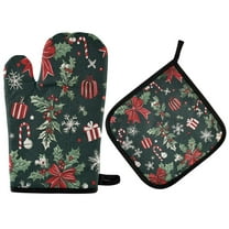 Yayeee Oven Mitts and Pot Holder Set of 2 Heat Resistant Kitchen Gloves Baking Hot Pad, Green Christmas